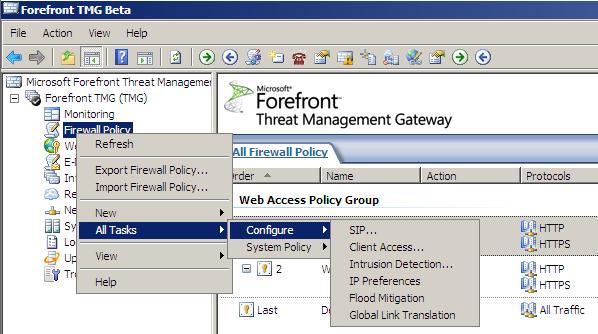 Figure 4: Configure different Microsoft Forefront TMG settings In the right pane of the TMG console it is possible to configure many related Firewall