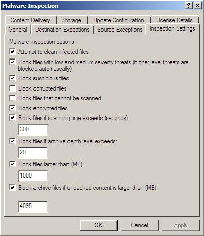 Figure 7: Configure global Malware inspection settings In the Inspection settings tab it is possible to configure advanced Malware inspection settings like when to scan content for Malware and when