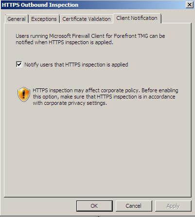 Figure 11: Notification settings for users with enabled HTTPS inspection Antivirus and Antispam Microsoft Forefront TMG dramatically extends its functionality in this way, that TMG can act as a SMTP