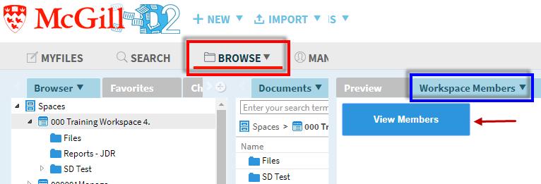 Click BROWSE workspace 3. Click Browser widget 4. Click Workspace Members widget 5.
