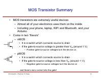 MOS Transistor Summary MOS transistors are extremely useful devices Almost all of your electronics uses them on the inside Including your phone, laptop,