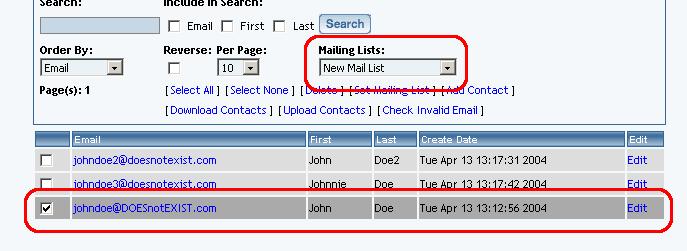 Click on the squares to the left of the contact so that the contacts you want for the mail list are all selected (to remove a contact from the mail list, simply un-check the contact).