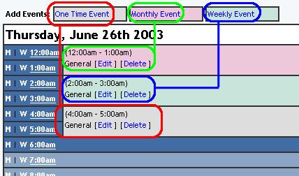 Back to the Top of the Page Editing an Event The events in the daily schedule are color coded based on the event time - light gray for one-time events, pink for