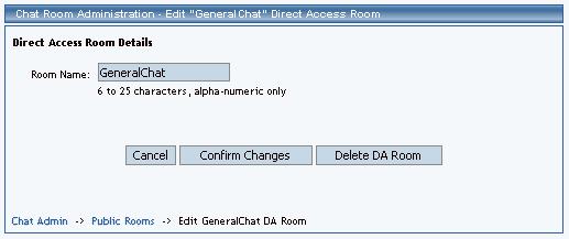 In the "Public User Chat Room Details" area, use the "Room Name" text box to enter the new name that will appear in the list of your Web site's chat rooms.