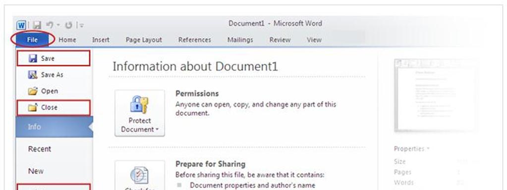 Save, print, and close your document When you are through with the document and have saved your work, close the file.