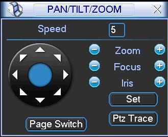 Speed: value ranges from 1 to 8. Zoom Focus Iris Click the and icons to adjust zoom, focus and iris. Click the directional arrows to control PTZ position. There are a total of 8 directional arrows.