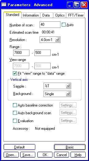 1. Jasco 4700 FTIR 3. On the Standard tab Set the Number of Scan. Click on the Auto check box to deselect Auto if necessary. Set the Resolution by changing the value in the drop-down list.