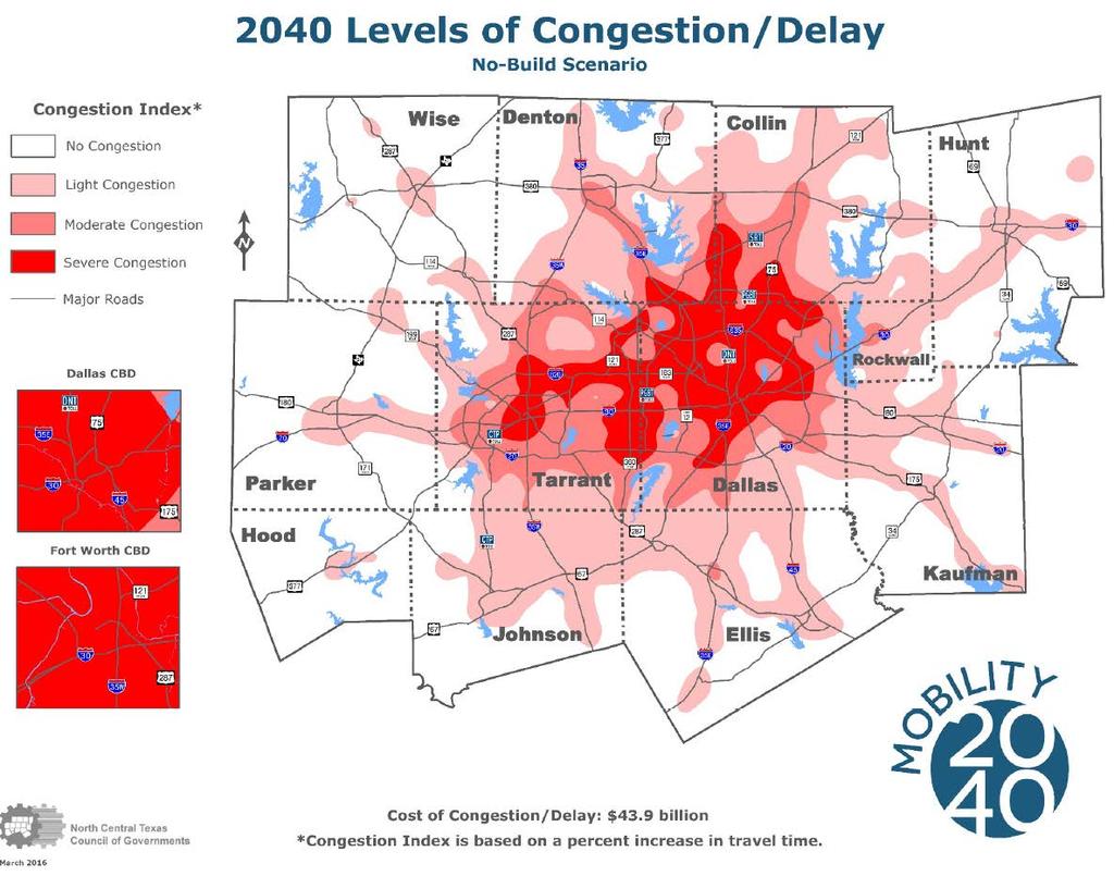 2040 LEVELS OF CONGESTION/DELAY While much of this growth has occurred without the support of public transportation, building road congestion and lack