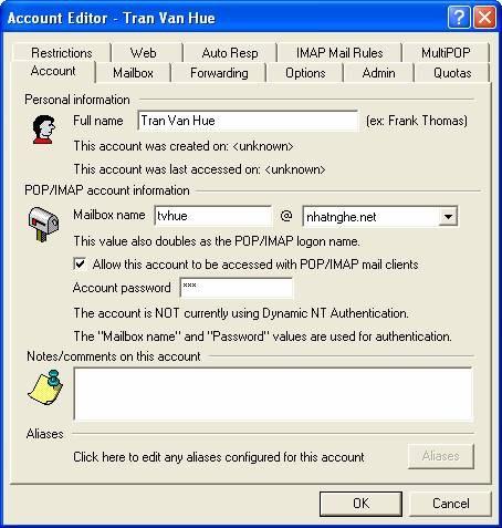 B6: Tại máy client, chạy Outlook Express, khai báo account mail cho user: Display name: Tran Van Hue Email: tvhue@nhatnghe.
