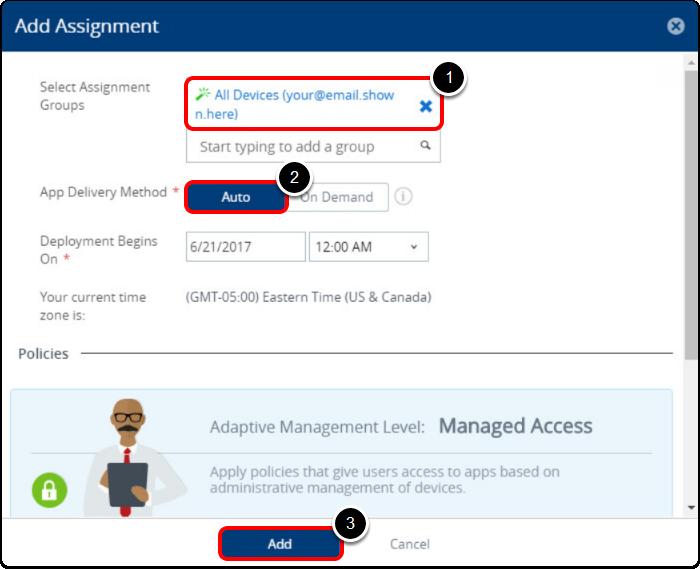 Configure the Application Assignment 1. Select "All Devices (your@email.shown.