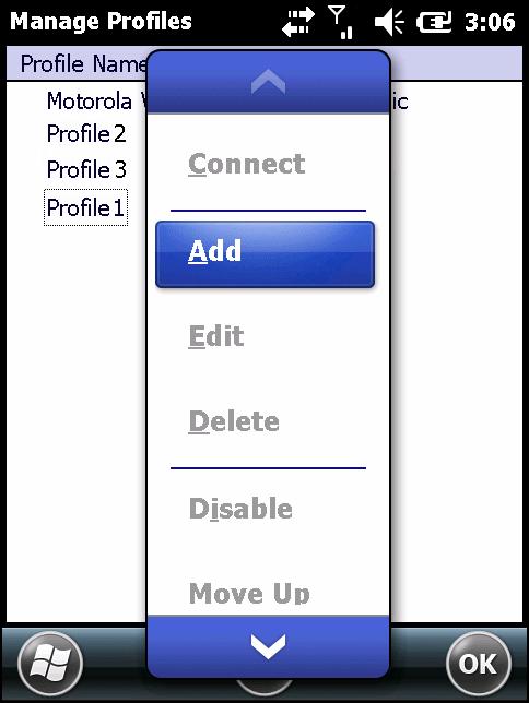 Creating a New Profile To create a new profile tap and hold anywhere in the Manage Profiles window and select Add from the pop-up menu.