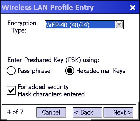 4-16 Wireless Fusion Enterprise Mobility Suite User Guide Encryption NOTE The only available encryption methods in Ad-hoc mode are Open, WEP-40 and WEP-104.