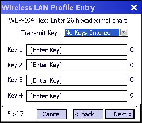 To enter a hexadecimal key with characters hidden: 1. Select the For added security - Mask characters entered check box. 2. Tap Next. Figure 4-24 WEP-40 and WEP-104 WEP Keys Dialog Boxes 3.