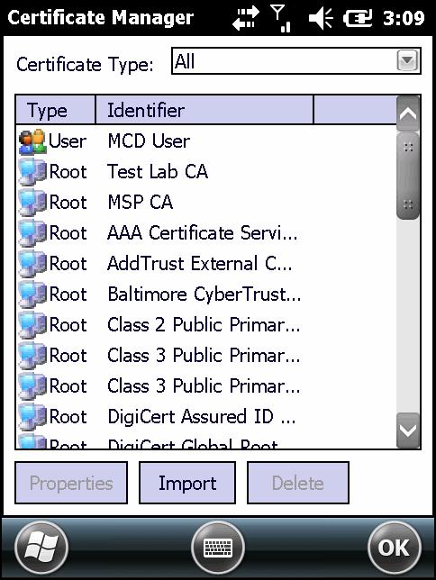 Chapter 5 Manage Certificates Application Introduction Users can view and manage security certificates in the various certificate stores. Tap the Signal Strength icon > Manage Certs.