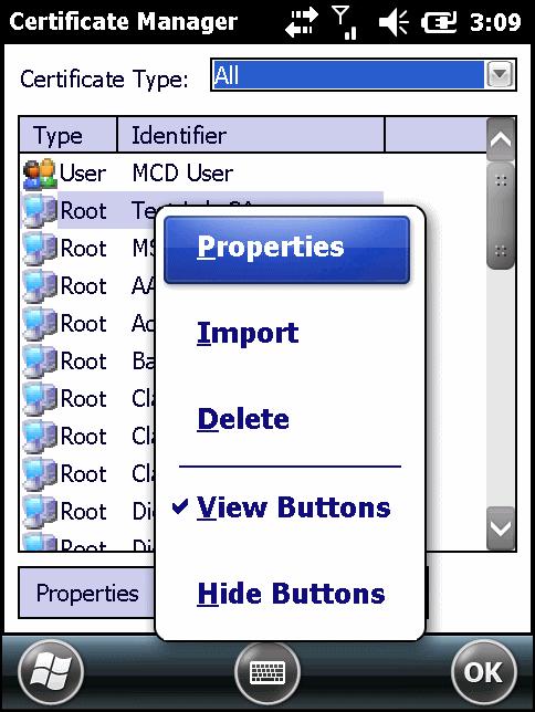 Figure 5-3 Command Buttons and Context Menu These buttons can be hidden to allow more space for displaying the list of certificates.