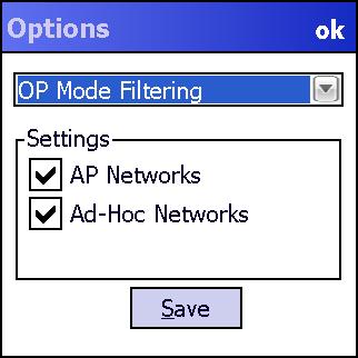 7-2 Wireless Fusion Enterprise Mobility Suite User Guide Figure 7-1 OP Mode Filtering Dialog Box The AP Networks and Ad-Hoc Networks check boxes are selected by default.