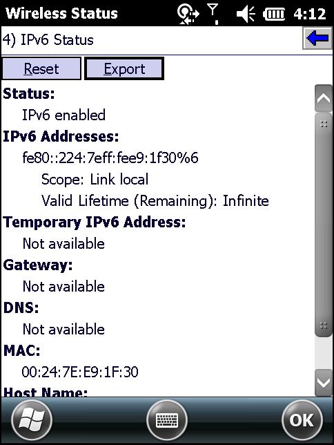 8-6 Wireless Fusion Enterprise Mobility Suite User Guide Figure 8-5 IPv6 Status Window Table 8-4 IPv6 Status Fields Status Field IPv6 Addresses Temporary IPv6 Address Gateway DNS MAC Host Name