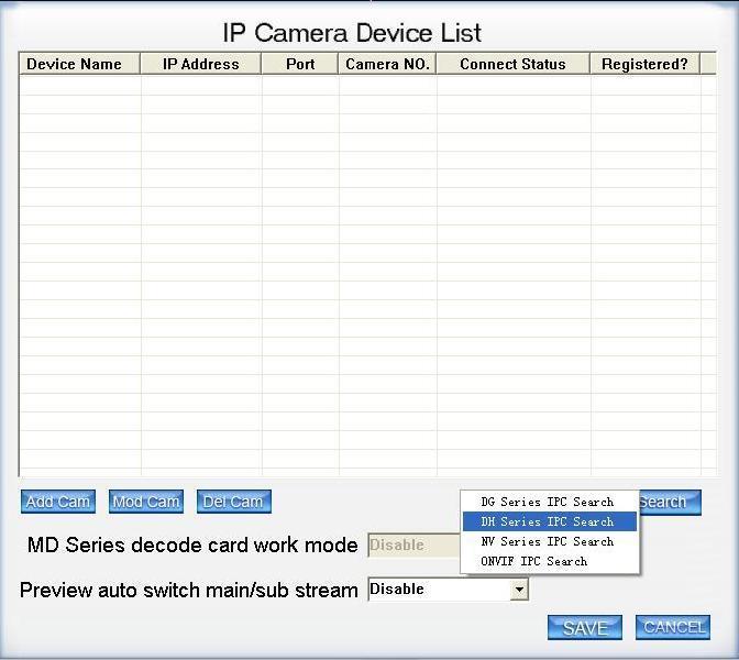 4 Quick Configuration 4.1 Overview Quick configuration can search current IP address, modify IP address. Please note the search only applies to the IP addresses in the same segment. 4.2 Operation Run the Hybrid NDVR, click the Menu button on the bottom right corner, select Add/Del IP camera, and click IPC search, you ll see an interface shown in Figure 4-1.