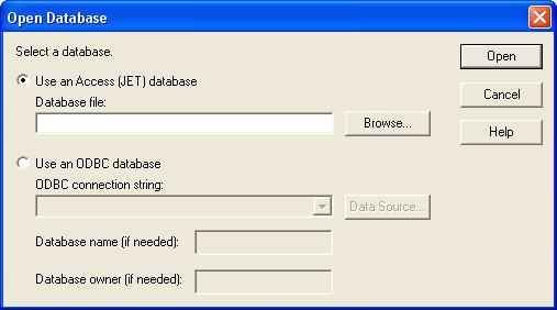 9 Figure 3. Open Database dialog box 4. Select the type of database to be used (either JET or ODBC).