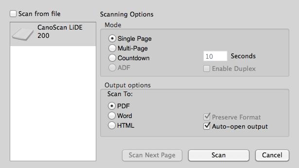 3. Make sure the following options are selected: Scan from file Mode - Multiple Page Output options - Word. 4. Click on Scan Next Page. 5. Browse to the location where you store your image or pdf. 6.