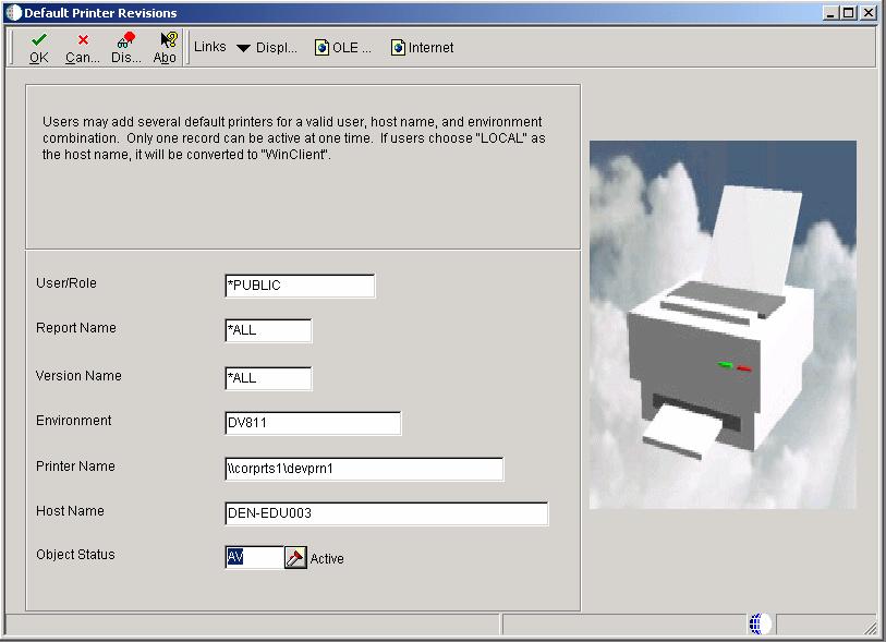 Working with the JD Edwards EnterpriseOne Printers Application Figure 5 4 Default Printer Revisions Form User/Role Enter the user ID or role that had permissions to use the printer.