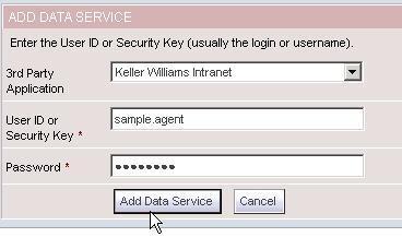 Enter your Keller Williams Intranet user name (ID) and password in the corresponding fields and then click the Add Data Service button.