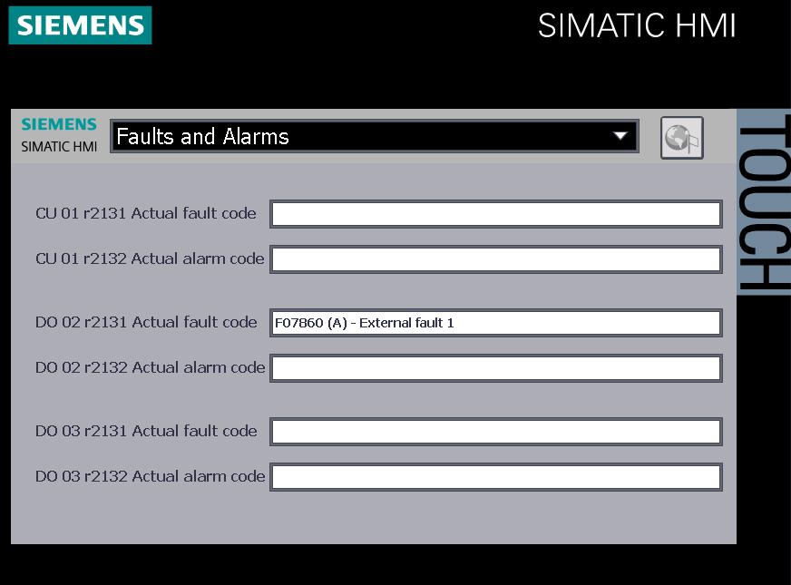4 Examples Display of faults and alarms in plain text Fig. 4-2 Faults and alarms An active fault and alarm are displayed in plain text in the "Faults and alarms" screen.