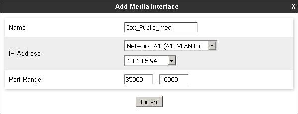 Packets leaving the interfaces of the Avaya SBCE will advertise this IP address, and one of the ports in this range as the listening IP address and port in which it will accept media from the Call or
