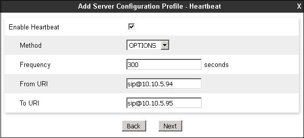 On the Heartbeat tab, OPTIONS can be configured to periodically check the integrity of the SIP trunk to the service provider. To do this, set the following: Check the Enable Heartbeat box.