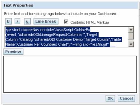 Figure 19 7 Text Properties Editor This text will create a link on the dashboard