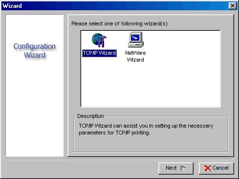 TCP/IP Wizard 1. Click Wizard button just like a picture < >.and select TCP/IP Wizard. 2. Select Obtain an IP address from DHCP server. If there is a DHCP server on your network.