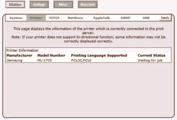 Printer Status 1. Click Status, it then appears the sub-menu. 2. Click Printer, it then as shown in the following picture.