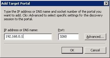 The Add Target Portal dialog box in Figure 10 appears. Specify the PS Series group IP address (or its DNS name). Then, click OK.