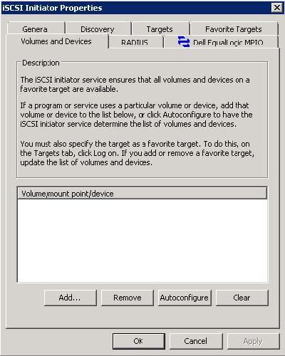 Figure 14: Microsoft iscsi Initiator Properties Volumes and Devices Tab Configure Basic Disks Configuring basic disks on Windows Server 2008 is accomplished after the volume has been logged into.