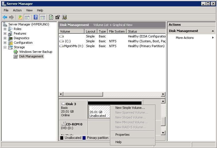 3. After initializing the disk, create a partition by right-clicking in the Unallocated space and choosing New Simple Volume as shown in Figure 17.