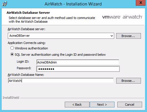 Chapter 4: Application Server Installation Select Browse next to the Database server text box and select your AirWatch database from the list of options.