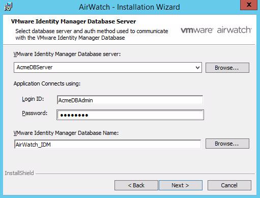 Choose the directory in which to install the VMware Identity Manager service, and then select Next. 9. Enter information about the AirWatch_IDM database.