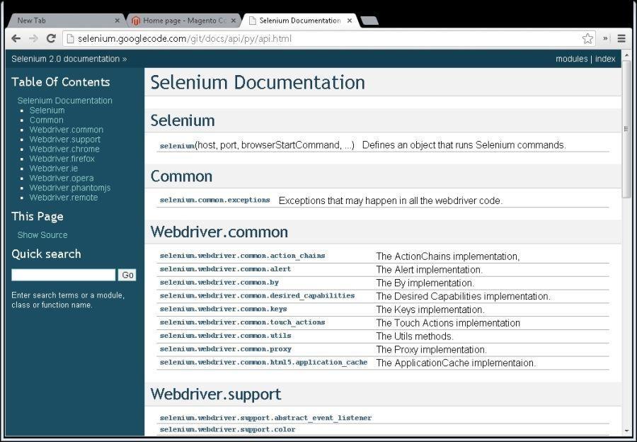 Browsing the Selenium WebDriver Python documentation The Selenium WebDriver Python client library documentation is available at http://selenium.googlecode.com/git/docs/api/py/api.