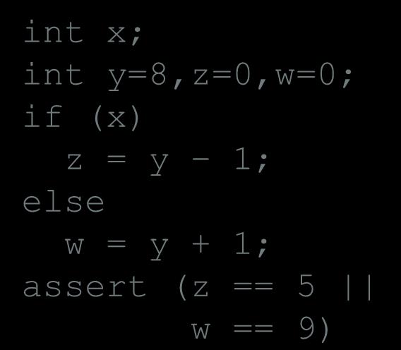 Program Constraints int x; int y=8,z=0,w=0; if (x)