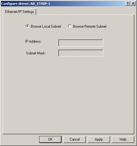 Configure the RSLinx Ethernet Communication Driver 97 The Configure Driver dialog box opens. Make sure the Browse Local Subnet button is selected.