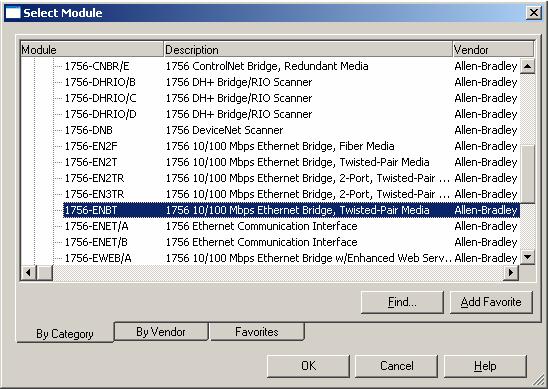Configure the Adapter for Direct Connection in RSLogix 5000 Software Chapter 4 The Select Module dialog opens. 3. Expand the Communications tree as in the following dialog. 4. Select the 1756-ENBT EtherNet/IP Bridge and click OK.