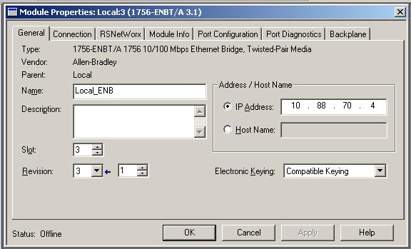 Name Local_ENBT IP Address 10.88.70.4 Slot 3 Electronic Keying Compatible Keying Revision 3.1 7.