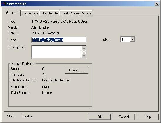 Configure the Adapter for Direct Connection in RSLogix 5000 Software Chapter 4 The New Module dialog opens. 4. Enter values for Name and Slot, noting that we used the following values.
