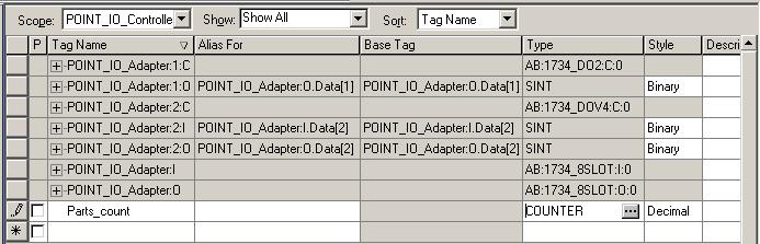 The Controller Tags dialog opens. You see the tags created for the 1734- AENTR adapter and its digital I/O modules. Tags created by the system Enter the new tag here 2.