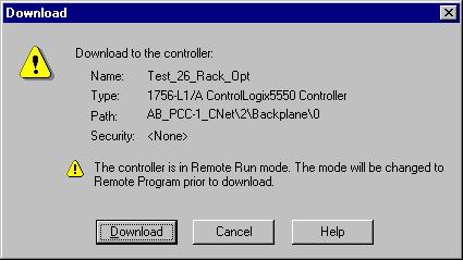 Chapter 4 Configure the Adapter for Direct Connection in RSLogix 5000 Software 4. Choose Download. The Download dialog opens with a reminder of the following. The controller is in Remote Run mode.