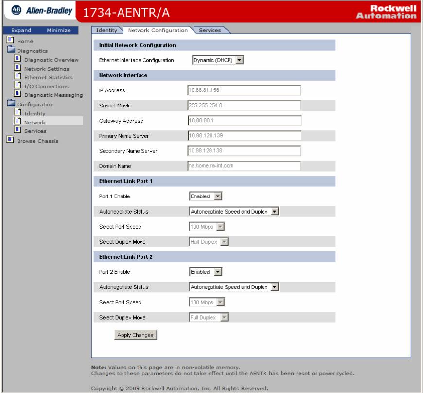 Chapter B Adapter Web Dialogs 1. Click Network from the tab at the top of the page or panel on the left. The Network Configuration page opens. 2.