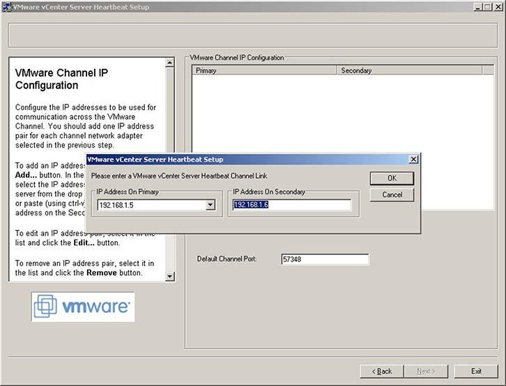 11 The VMware Channel IP Configuration screen prompts you to configure the VMware Channel(s) IP network addresses. Click Add for each available channel connection.