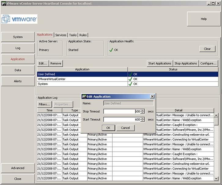 Editing Individual Applications vcenter Server Heartbeat allows you to configure the amount of time to wait for an application to start or stop before taking action