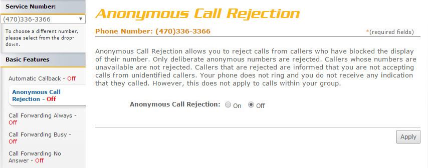 Anonymous Call Rejection Anonymous Call Rejection Anonymous Call Rejection allows you to reject calls from anonymous callers, which are callers who have blocked their number from being displayed.