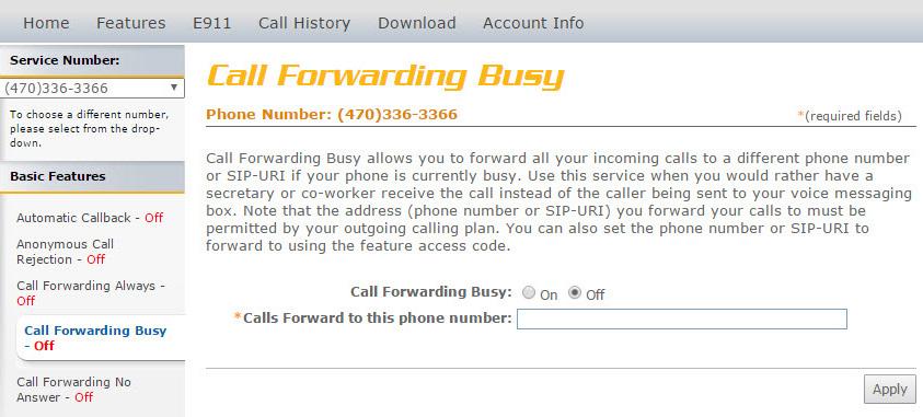 Call Forwarding Busy Call Forwarding Busy Call Forwarding Busy allows you to forward all of your incoming calls to a different phone number if your phone is currently busy.